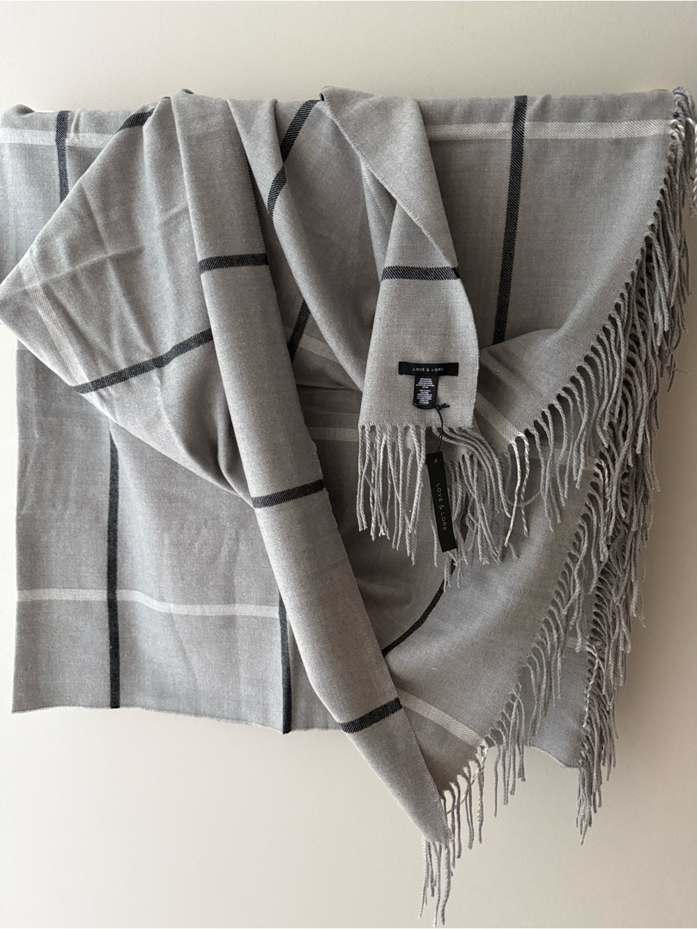 Light Gray Windowpane Plaid Blanket Scarf Throw with Fringe - Love & Love